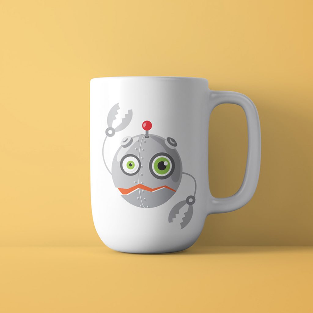 silly ass vectors shown in this photo of a coffee mug mockup with an anonymous bot illustration printed on it