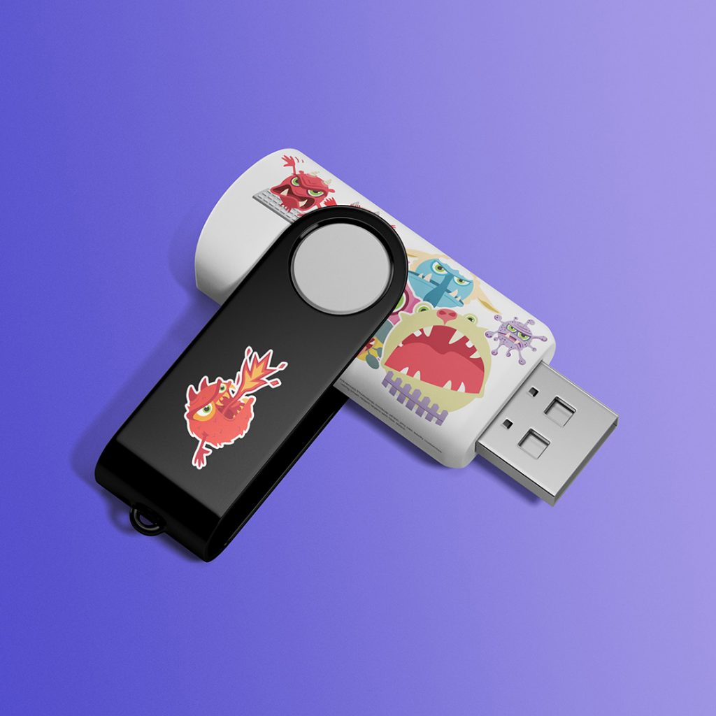 mockup of a usb stick with sill troll illustrations printed on it